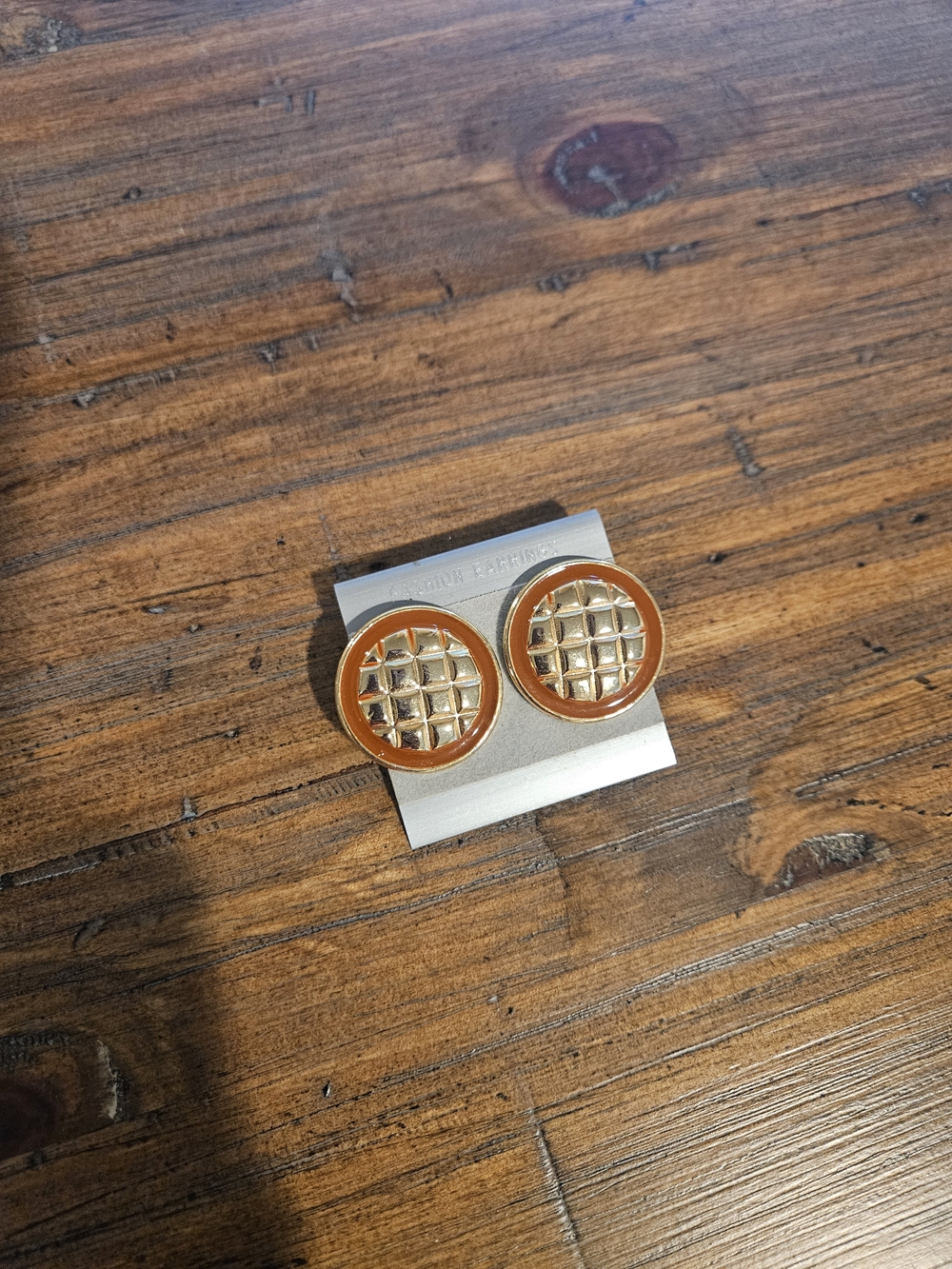 Gold & Orange Grid Round Stud Earrings
